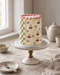 Checkerboard Retro Cake: a tall round cake in cream buttercream with a piped sage green and cream checkerboard panel running up one side only, small piped peace signs, red cherries and lilac flowers dotted over the rest of the side, and a pink shell border on top