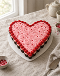 Pull-Apart Heart Cupcakes: twenty-four cupcakes set tightly together on a white board in the shape of a heart, piped over the top as one continuous surface of pink buttercream rosettes with a red rosette border following the heart outline and small red sugar hearts scattered on top