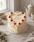 Just Married Lambeth Cake: a heart-shaped cake in smooth cream buttercream with deep cream ruffles and shells on the heart outline, and eight red glacé cherries with long stems round the top edge