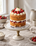 Smiling Sponge Cake: a tall two-layer Victoria sponge, golden and lightly domed, with strawberry jam and whipped cream showing between the layers, a crown of whole fresh strawberries and a dollop of cream on top, a small happy face piped in chocolate on the front of the top sponge (two dot eyes and a smile), and two little round sugar feet in light brown poking out from the base