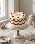 Merry and Bright Lambeth Cake in cream buttercream with red piped swags, green holly leaves, red cherries round the top and Merry and bright piped on top