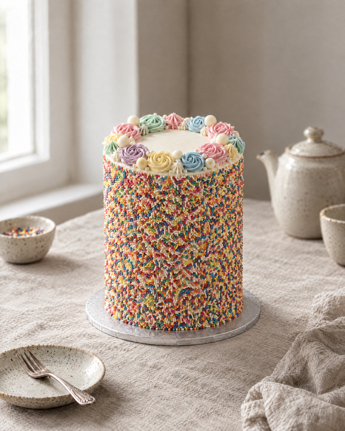 Sprinkle Party Cake: a tall round cake with the sides completely covered in rainbow sprinkles, a white buttercream top with a ring of pastel rosettes and a few white chocolate balls