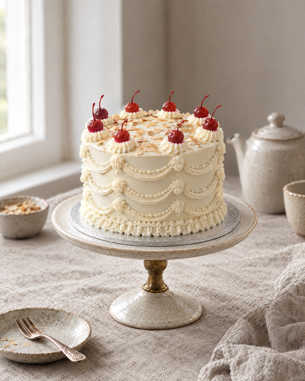 Cherry Bakewell Lambeth Cake: a round cake in smooth white buttercream with cream shells and swags, a scattering of toasted flaked almonds on the top and eight red glacé cherries with stems round the top edge