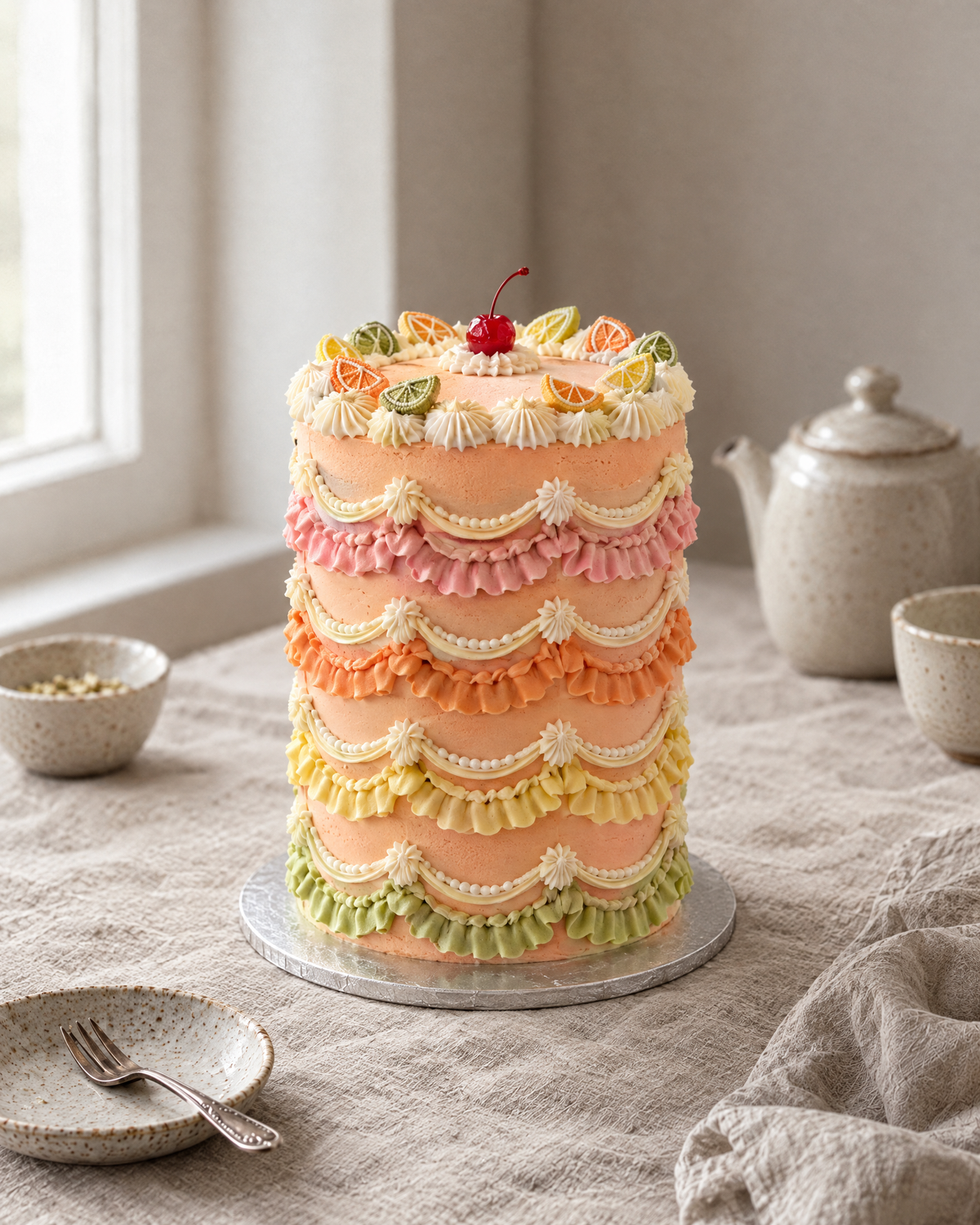 Tutti Frutti Lambeth Cake: a tall round cake in peach buttercream with stacked ruffle bands in pink, orange, lemon and lime, a cream shell crown, one red glacé cherry on top and small piped orange, lemon and lime slices round the top edge
