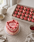 Heart and Cupcakes Party Set: a 6 inch heart-shaped Lambeth cake in pale pink buttercream with red frills and cherries in the middle of a round white board, ringed by twenty-four matching cupcakes with pink and red swirls and one cherry each, all on the linen tablecloth, seen from above at an angle