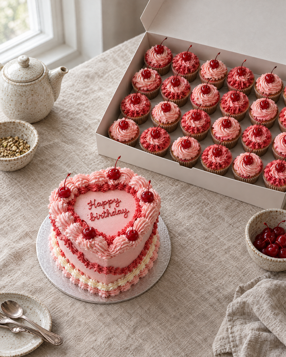 Heart and Cupcakes Party Set: a 6 inch heart-shaped Lambeth cake in pale pink buttercream with red frills and cherries in the middle of a round white board, ringed by twenty-four matching cupcakes with pink and red swirls and one cherry each, all on the linen tablecloth, seen from above at an angle