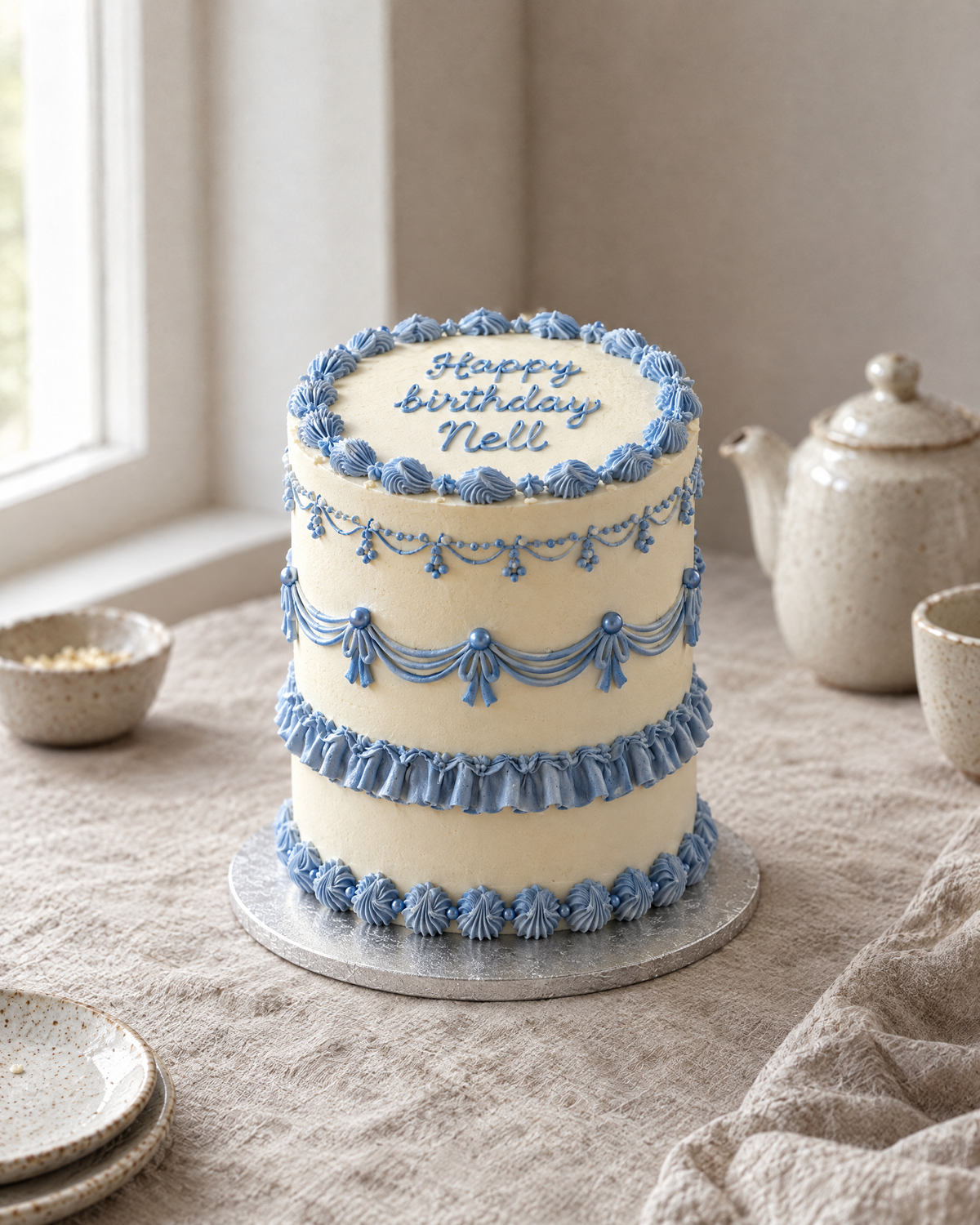 Cornflower Sampler Cake: a tall round ivory cake with four stacked bands of cornflower blue piping, each band a different style: fine string lace, swags with little piped bows, a ruffle, and a row of shells, with cornflower sugar pearls at the swag points
