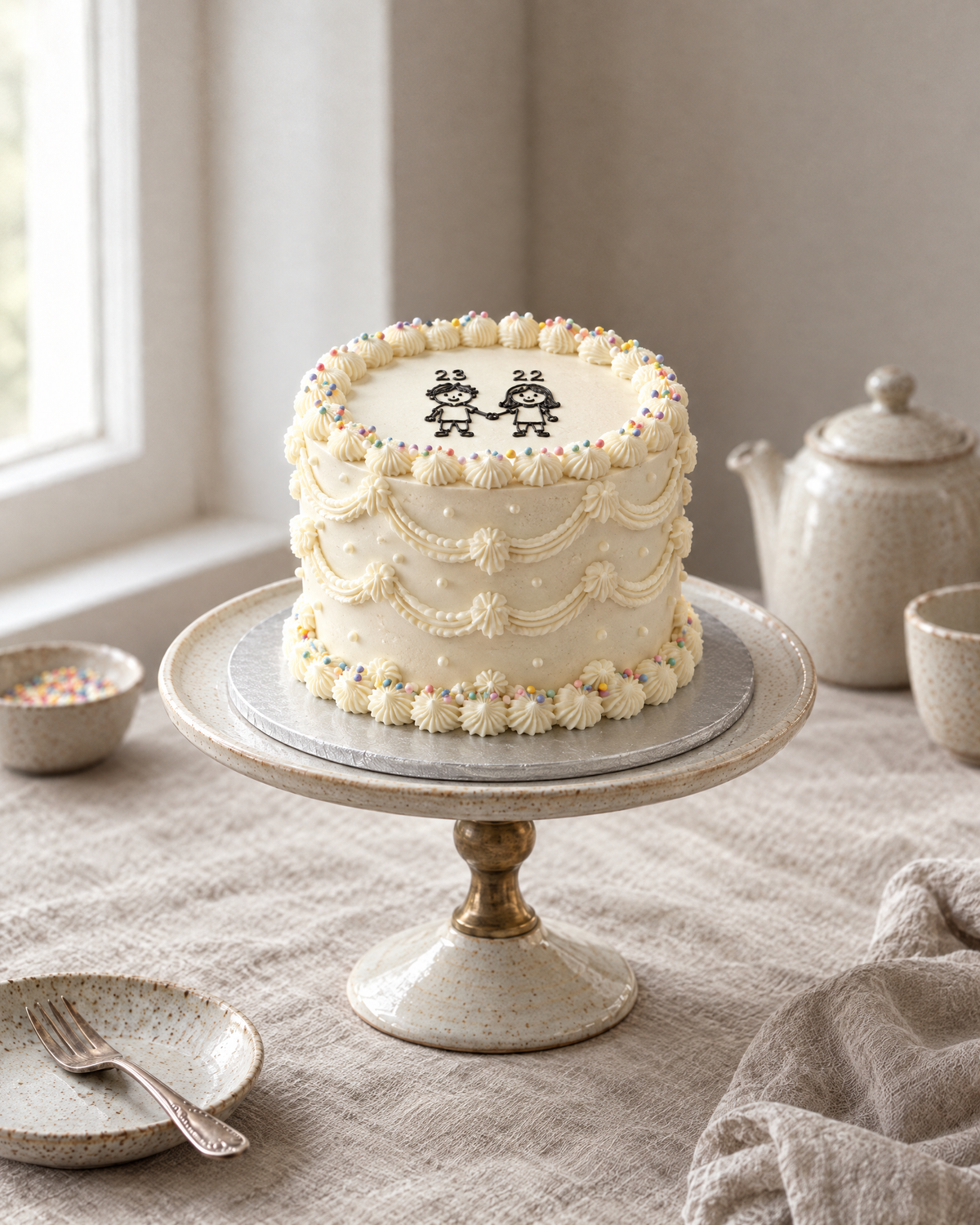 Couple Doodle Cake: smooth cream buttercream with cream shell borders and colourful sprinkle dots round the edge