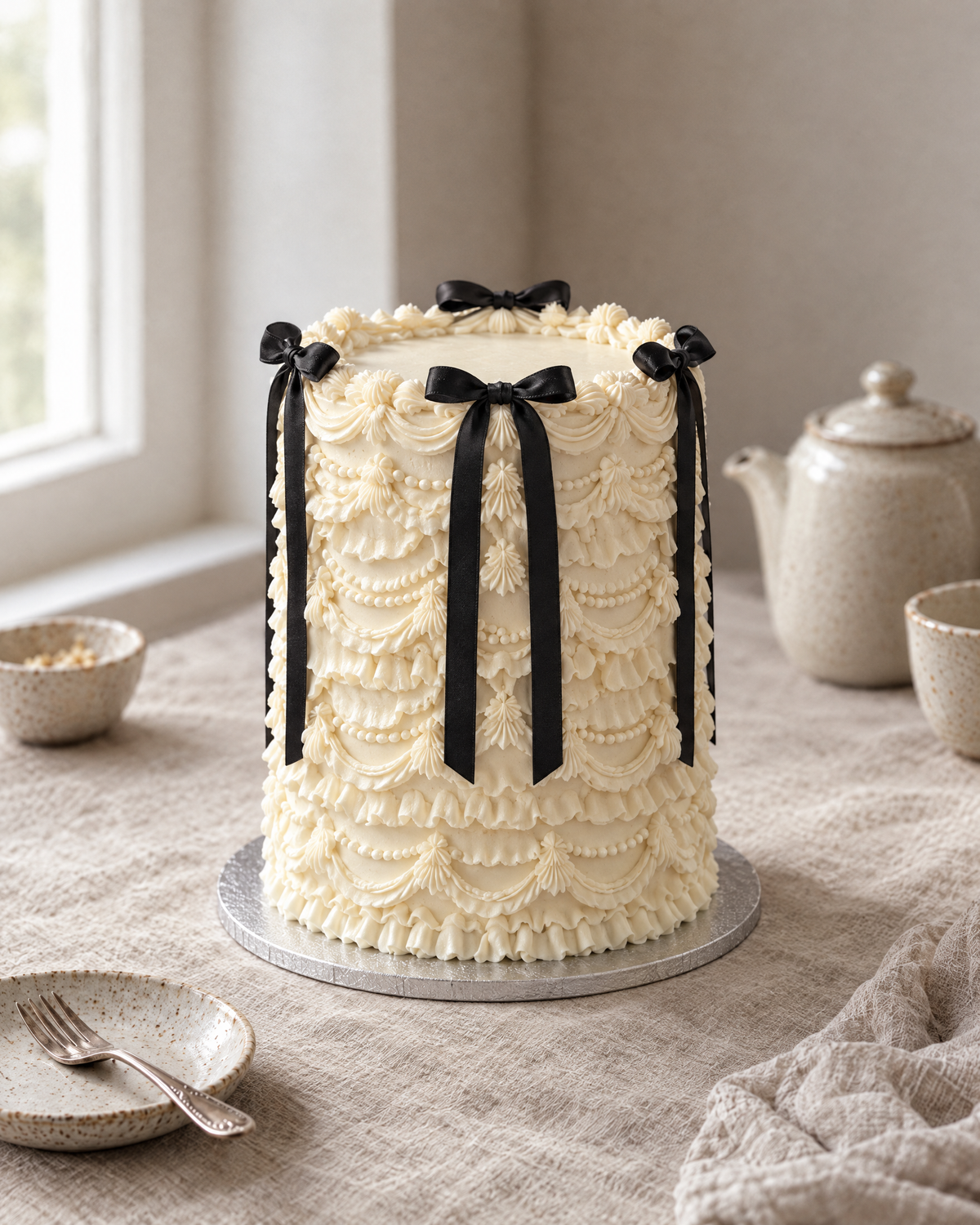 Black Ribbon Bow Cake: a tall round cake in ivory buttercream covered in soft cream ruffles from top to bottom, with four long black satin ribbon bows tied evenly round the top edge, their tails hanging down the sides