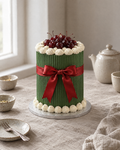 Christmas Bow Cake, a tall forest green ridged buttercream cake wrapped in a big red satin ribbon bow with dark cherries piled on top