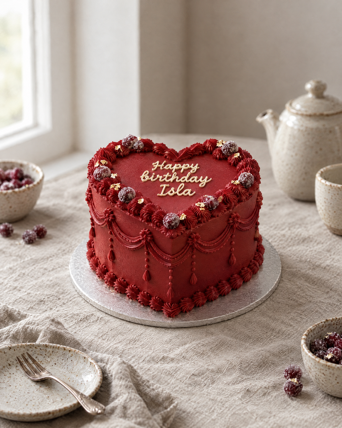Jewel Winter Heart, a ruby red heart-shaped cake with tonal red swags and frills, sugared cranberries, gold leaf and Happy birthday Isla piped on top