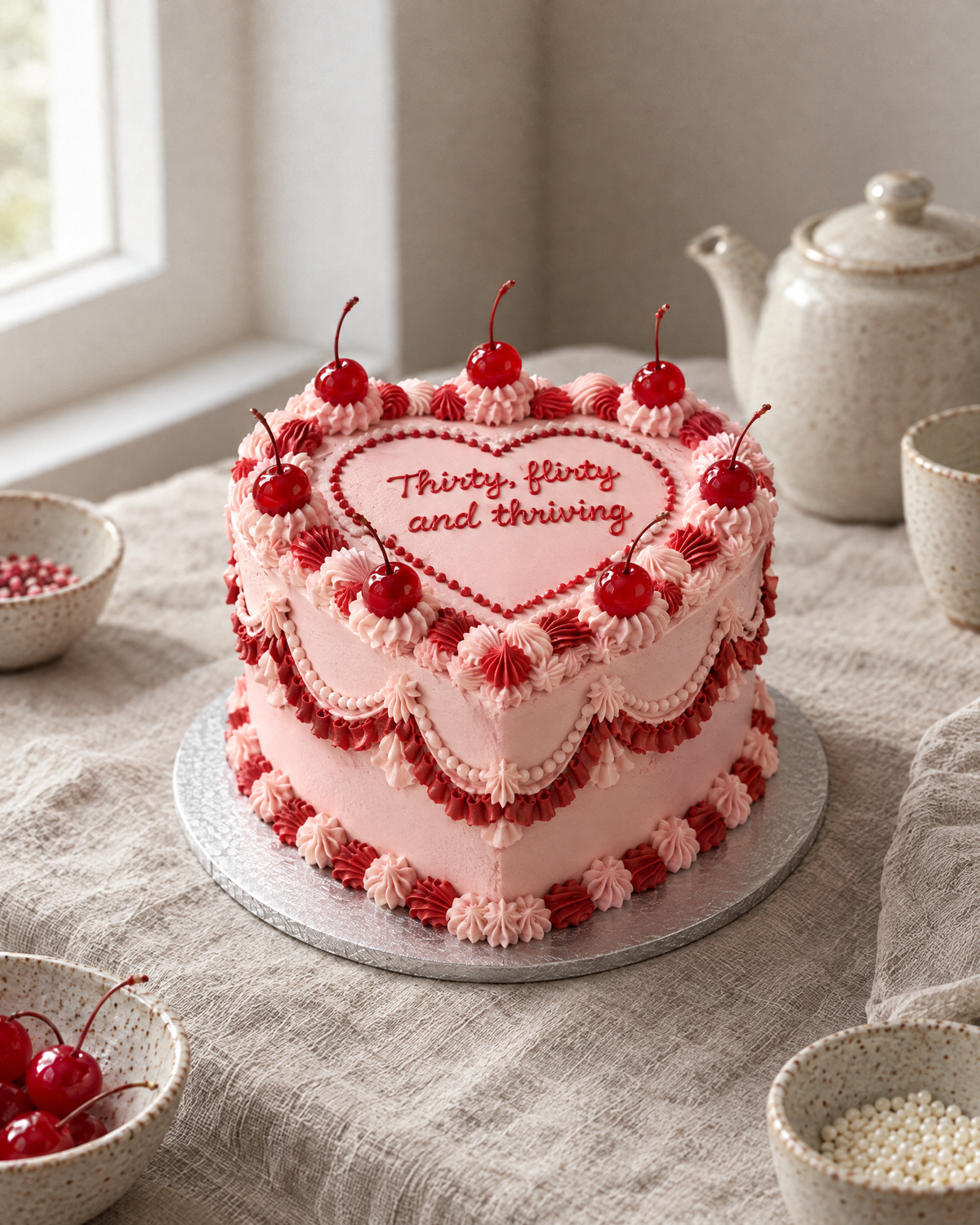Milestone Lambeth Cake: a heart-shaped cake in smooth pale pink buttercream, with red and pink ruffled frills and shells following the heart outline at the top and base, a piped red heart frame on the top for the message, and eight red glacé cherries with stems round the top edge