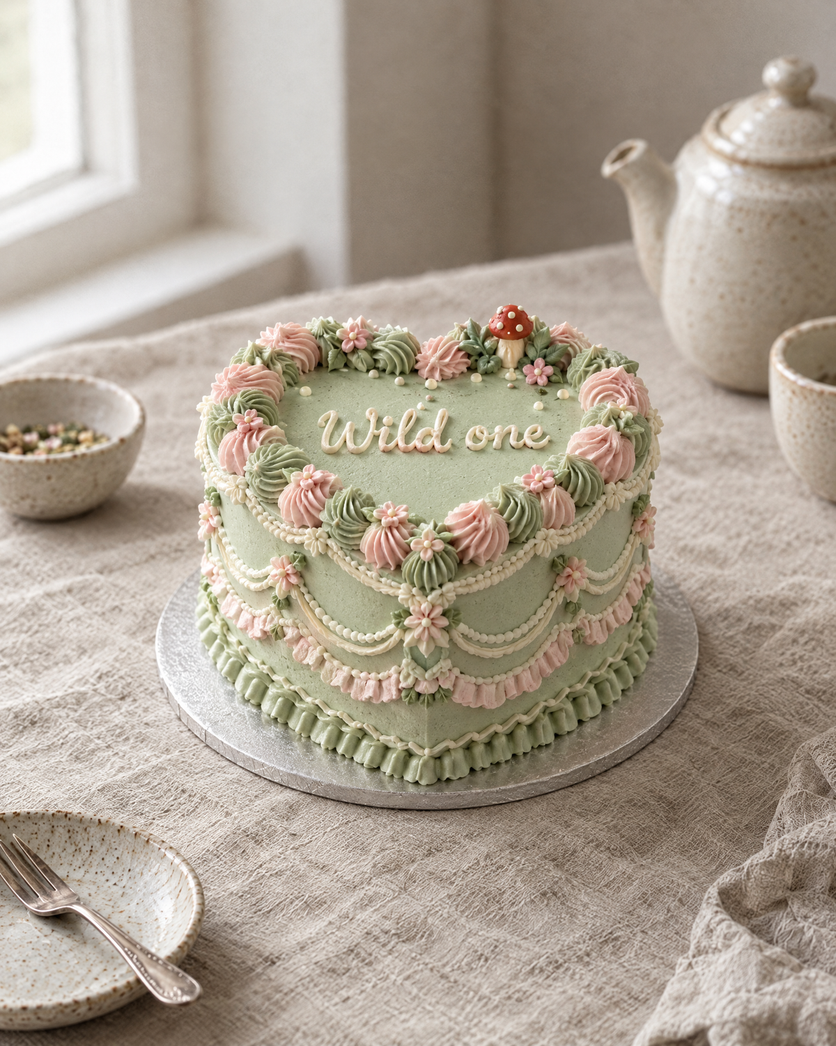 Wild One Heart Cake: a heart-shaped cake in smooth sage green buttercream with pink and green rosettes and ruffles on the heart outline, tiny piped pink flowers and a little piped red mushroom on the top