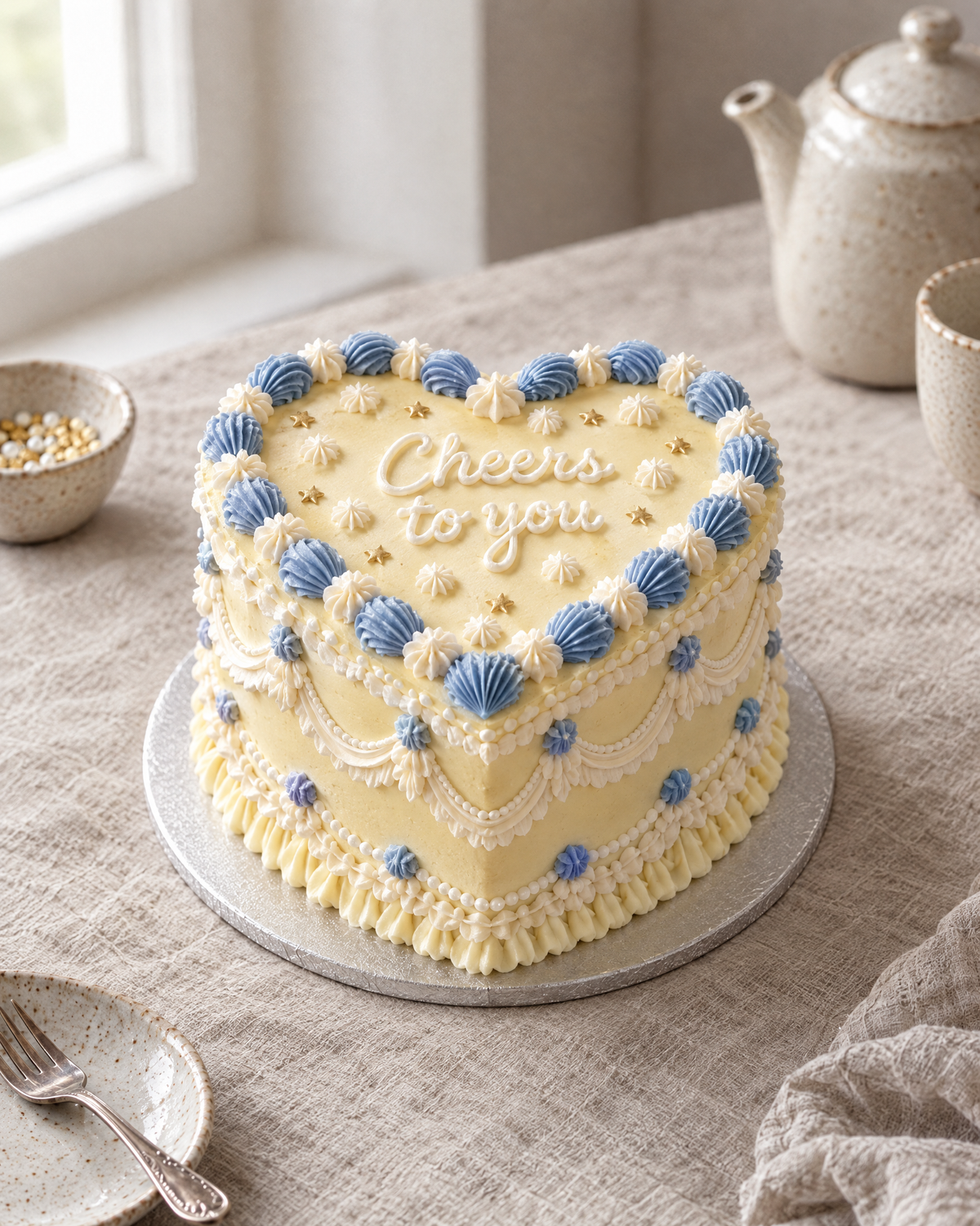 Sunny Congratulations Heart: a heart-shaped cake in butter yellow buttercream with a cornflower blue and white shell frame, small piped white starbursts over the top and edible gold stars