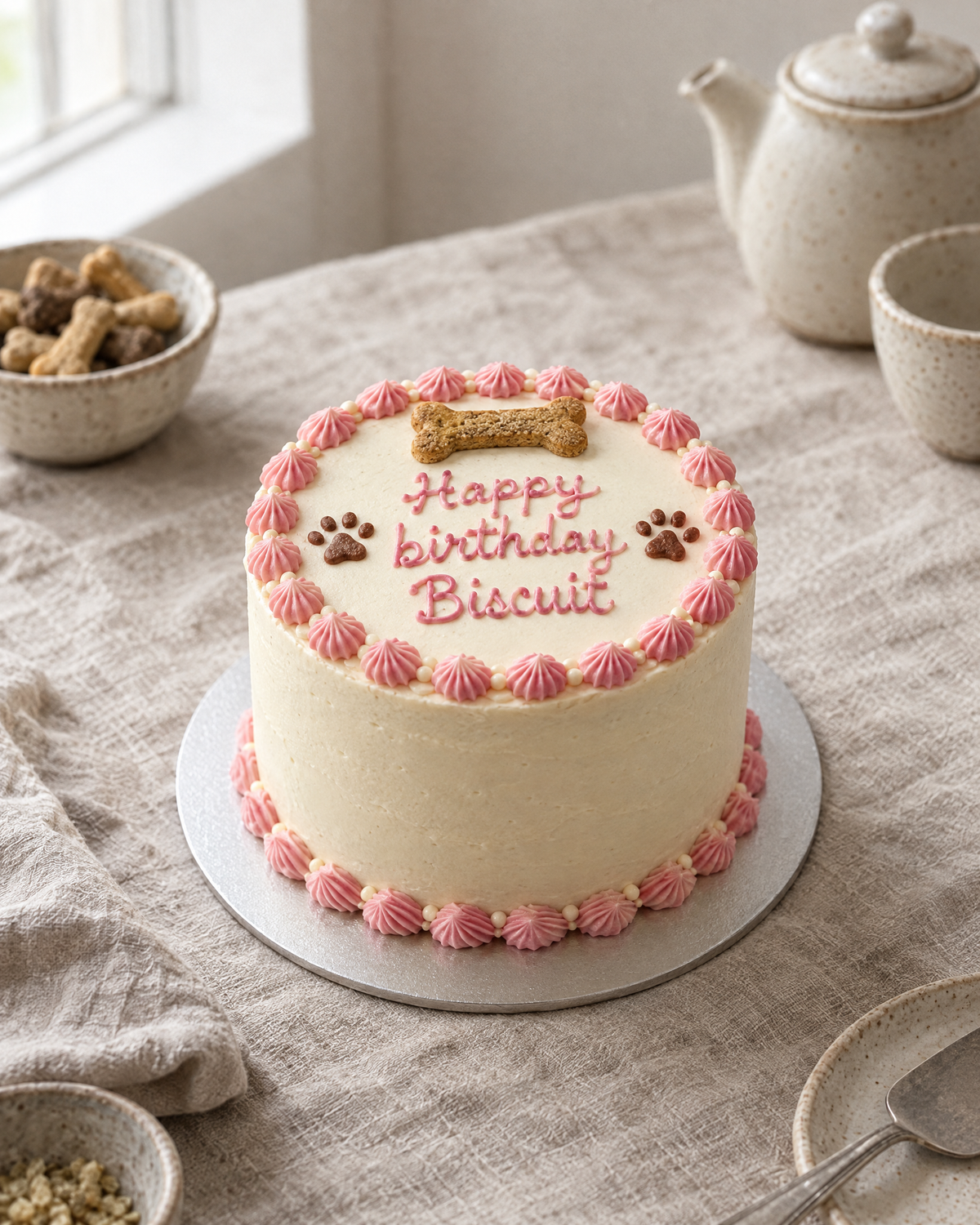 Dog Birthday Cake: a small round dog-safe cake, carrot and peanut sponge covered in smooth pale cream yoghurt frosting, a pink piped border, a dog bone-shaped biscuit and two small paw prints piped on the top