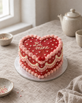 Sweetheart Dots Heart: a heart-shaped cake in red buttercream with tiny piped pink and ivory hearts all over the top, a frilled pink heart outline and two red glacé cherries with stems at the point of the heart