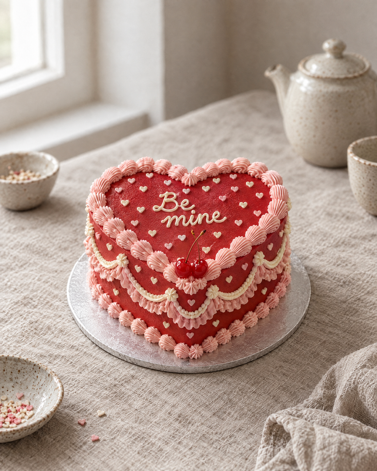 Sweetheart Dots Heart: a heart-shaped cake in red buttercream with tiny piped pink and ivory hearts all over the top, a frilled pink heart outline and two red glacé cherries with stems at the point of the heart