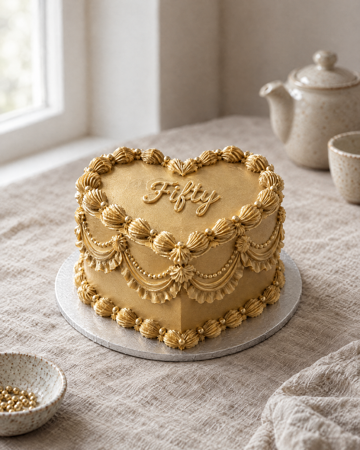 All Gold Heart Cake: a heart-shaped cake with every bit of buttercream painted metallic gold: smooth gold sides, gold shells, swags and frills round the heart outline, gold pearls