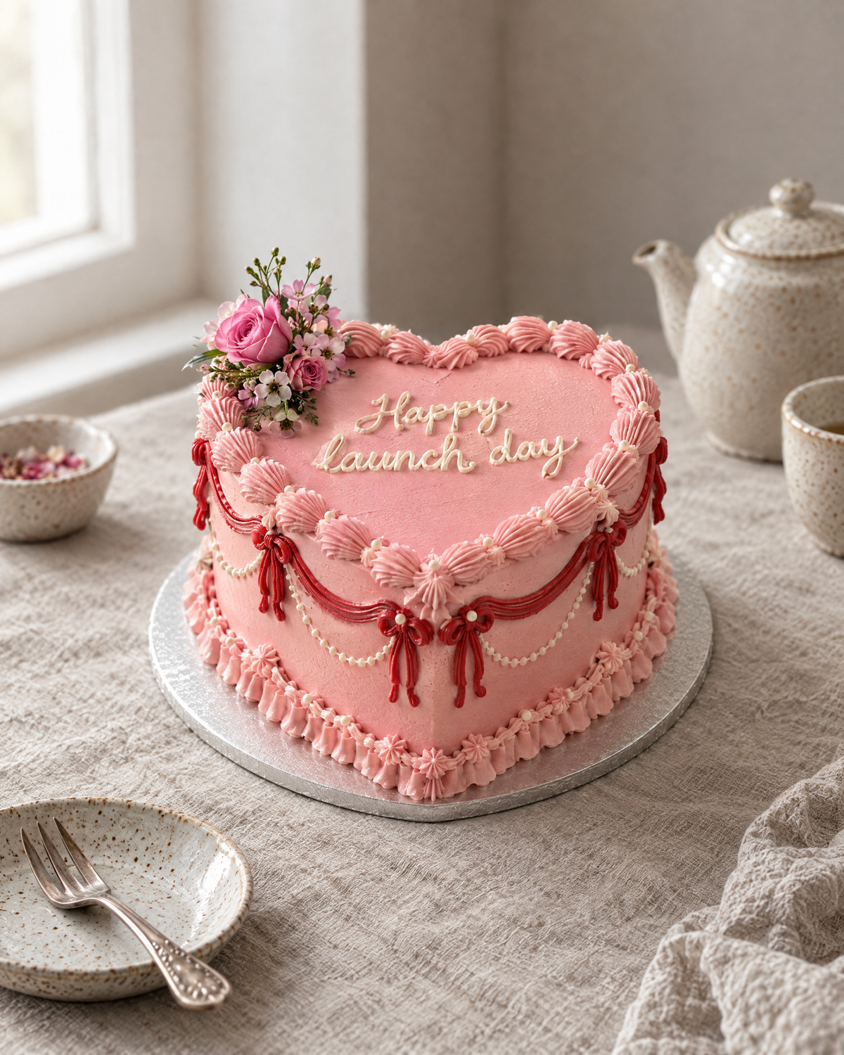 Brand Colour Heart Cake: a large heart-shaped cake in a brand pink buttercream with red buttercream ribbon swoops and string lace round the sides and a small arrangement of fresh pink flowers at one side