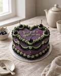 Spell on Me Heart Cake, a deep purple heart with green and black frills, black cherries and You put a spell on me piped on top
