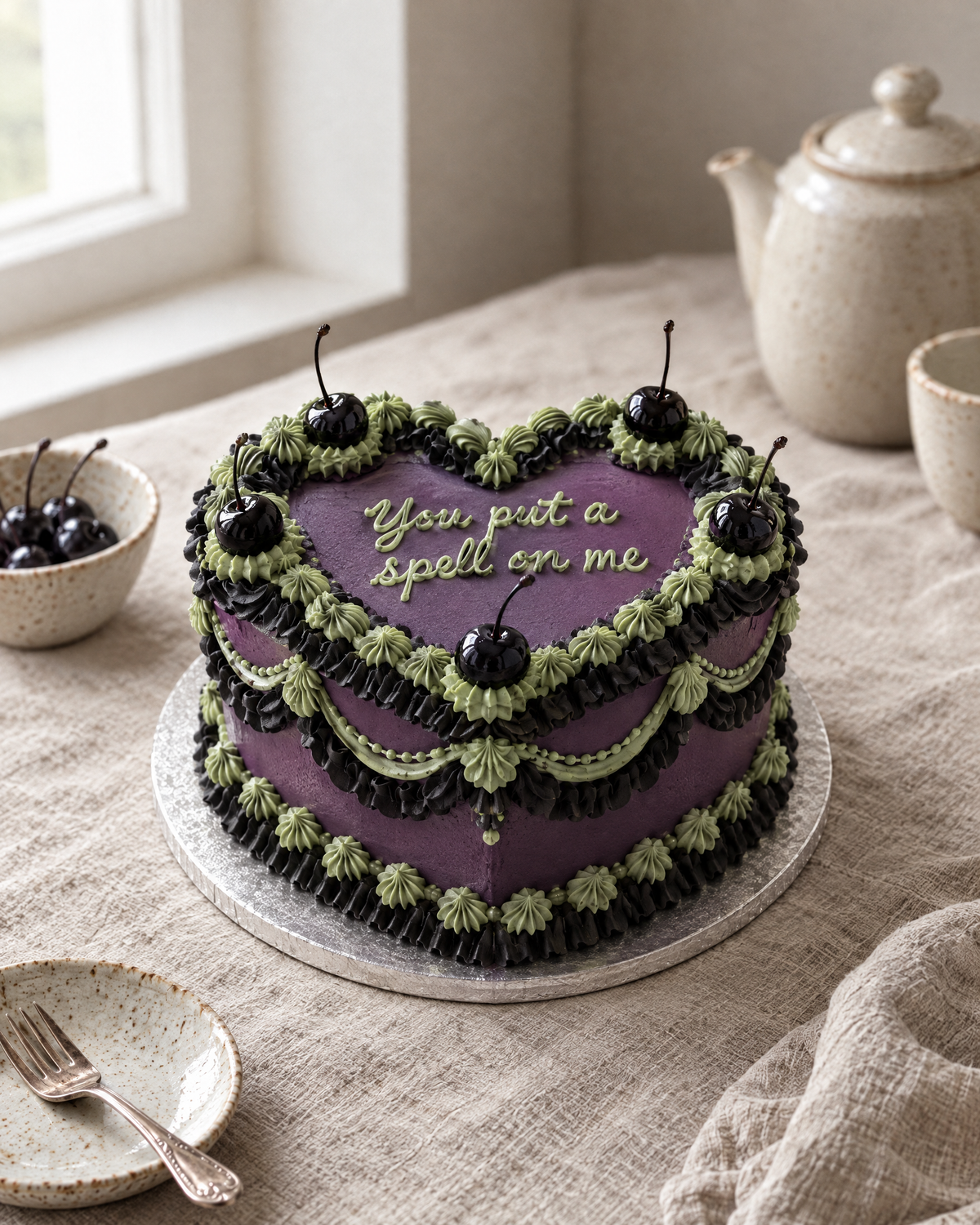 Spell on Me Heart Cake, a deep purple heart with green and black frills, black cherries and You put a spell on me piped on top