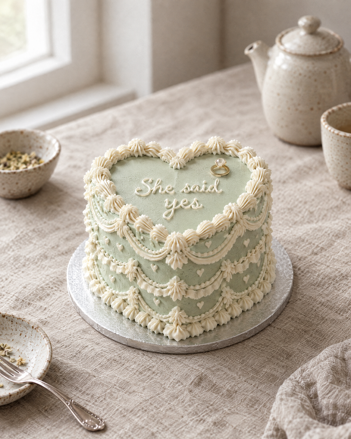 She Said Yes Heart Cake: a heart-shaped cake in smooth sage green buttercream with cream shells and ruffles on the heart outline, tiny piped cream hearts dotted over the sides and a small sugar diamond ring on the top