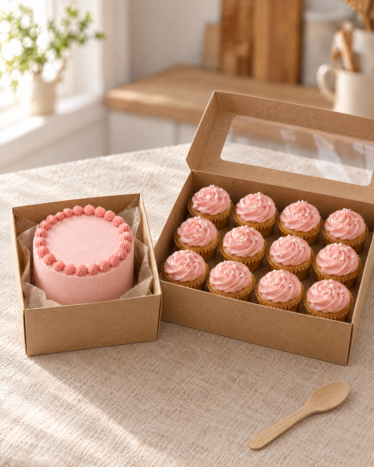 A pink bento cake beside a box of 12 matching pink cupcakes