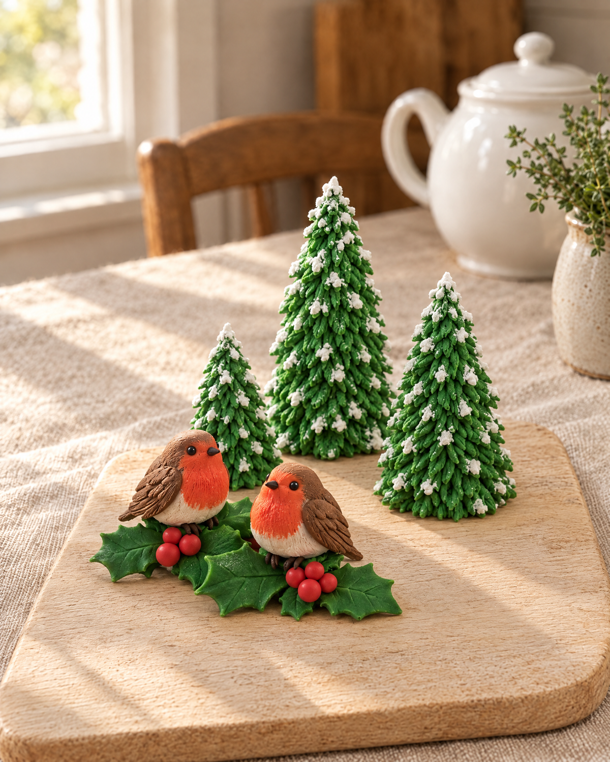 Robins, Holly and Christmas Trees Cake Topper Set laid out on a wooden board
