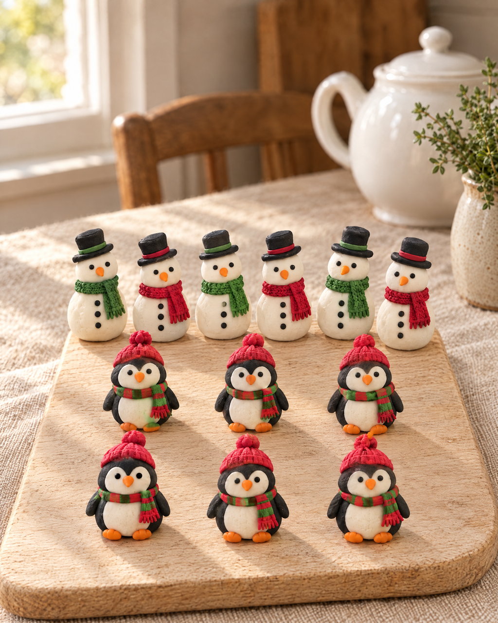 12 Snowman and Penguin Cupcake Toppers in rows on a wooden board