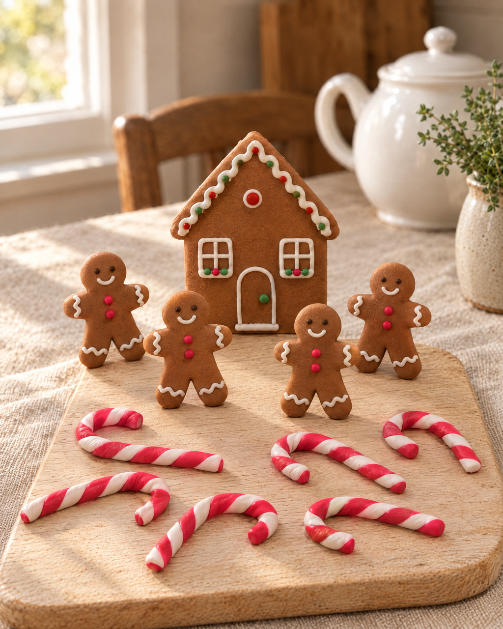Gingerbread House and Candy Cane Cake Topper Set laid out on a wooden board