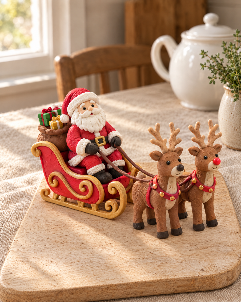 Santa, Sleigh and Reindeer Cake Topper Set laid out on a wooden board