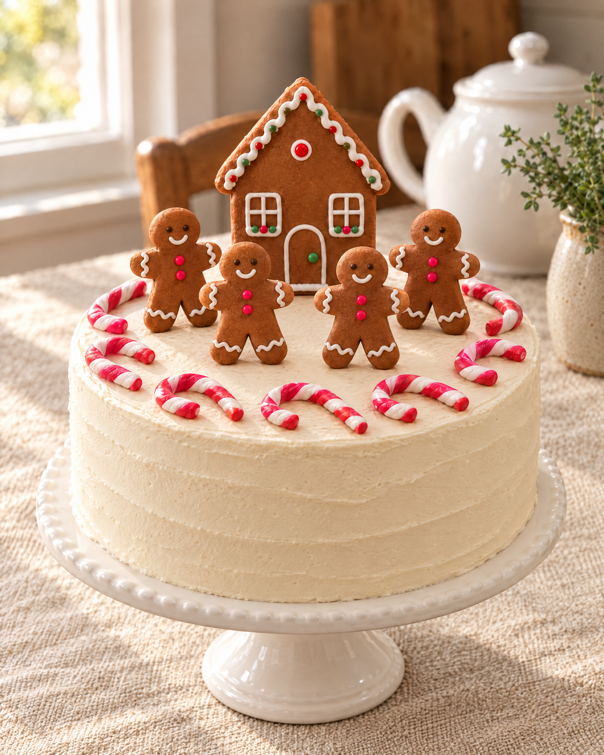 Gingerbread House and Candy Cane Cake Topper Set on top of a white Christmas cake
