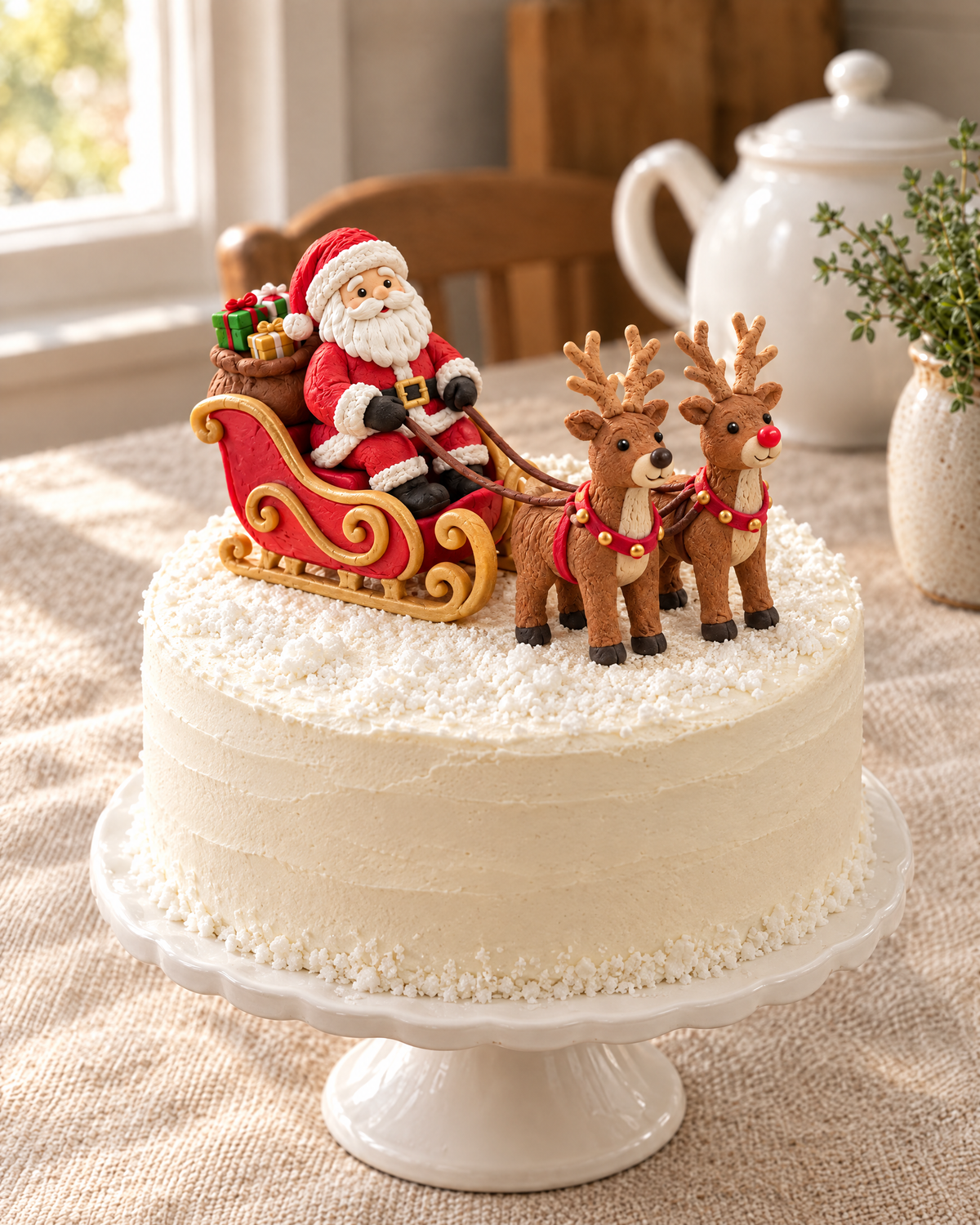 Santa, Sleigh and Reindeer Cake Topper Set on top of a white Christmas cake