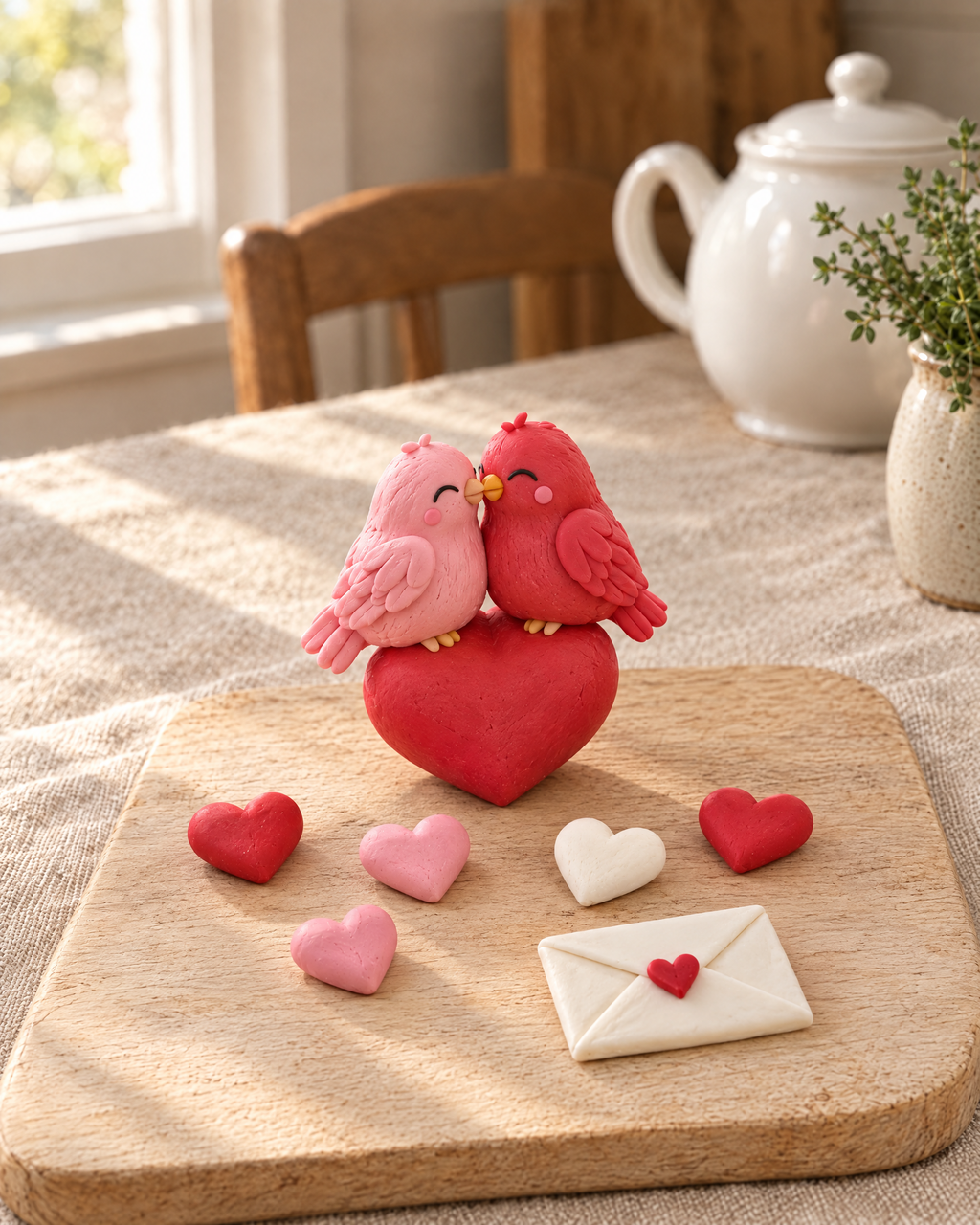 Valentine's Lovebirds Cake Topper Set laid out on a wooden board