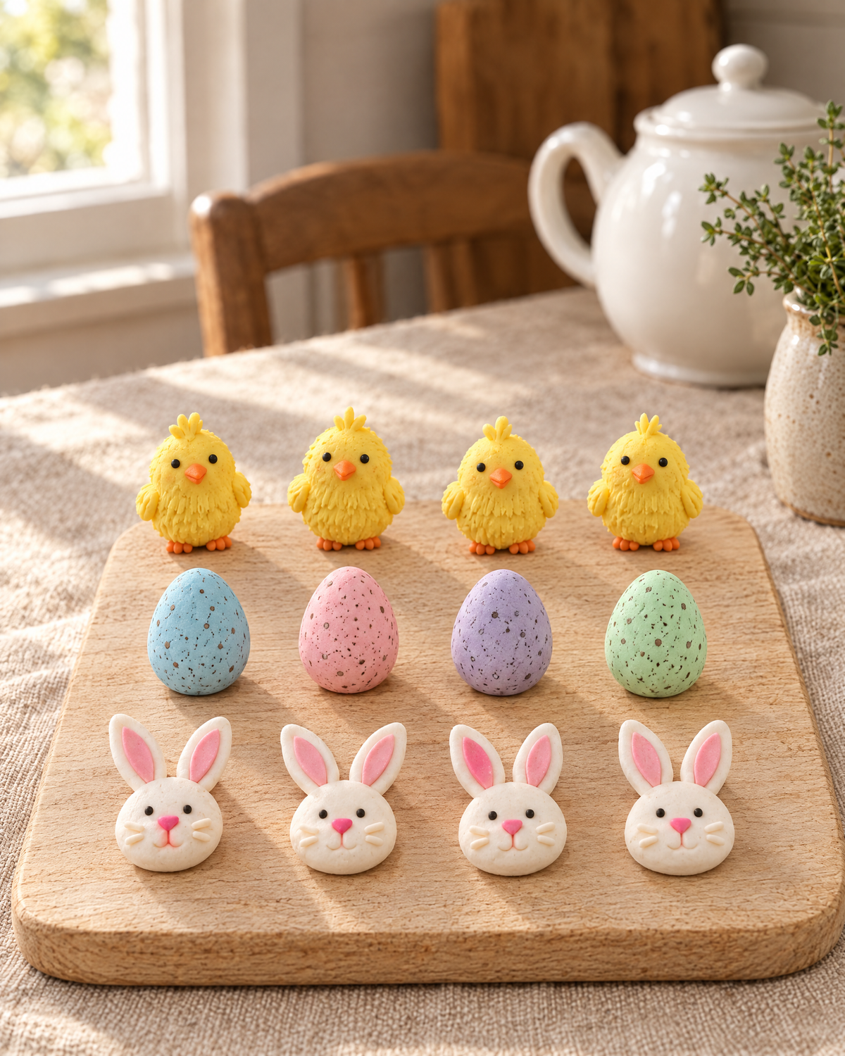 12 Easter Chick, Egg and Bunny Cupcake Toppers in rows on a wooden board