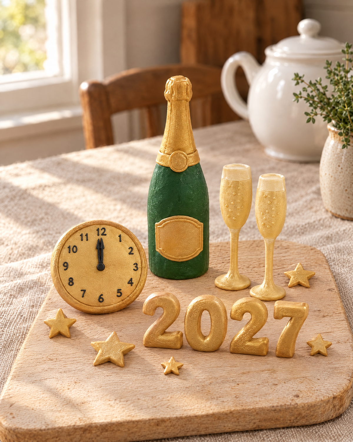 New Year's Eve Cake Topper Set laid out on a wooden board