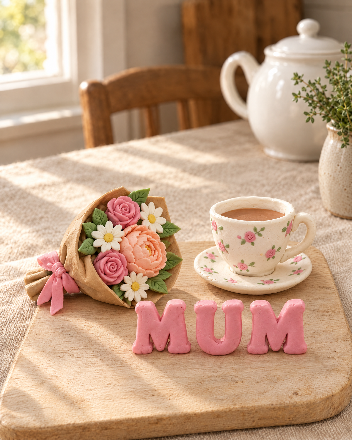 Mother's Day Bouquet and Teacup Cake Topper Set laid out on a wooden board