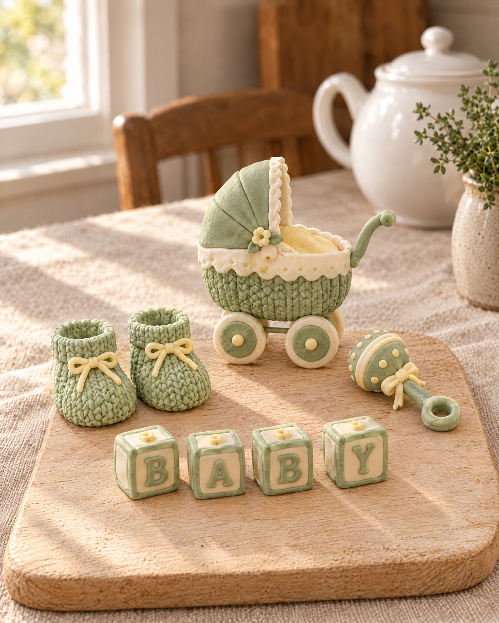 New Baby Cake Topper Set laid out on a wooden board
