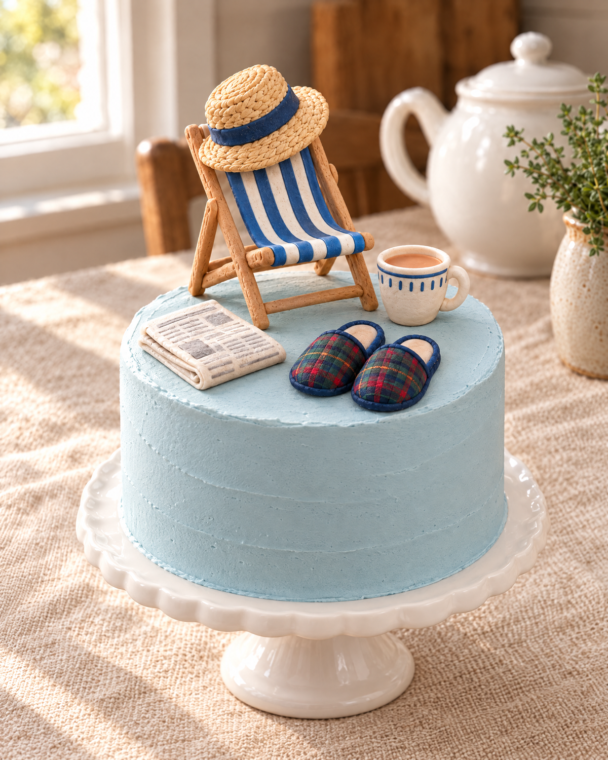 Retirement Deckchair Cake Topper Set on top of a pale blue cake