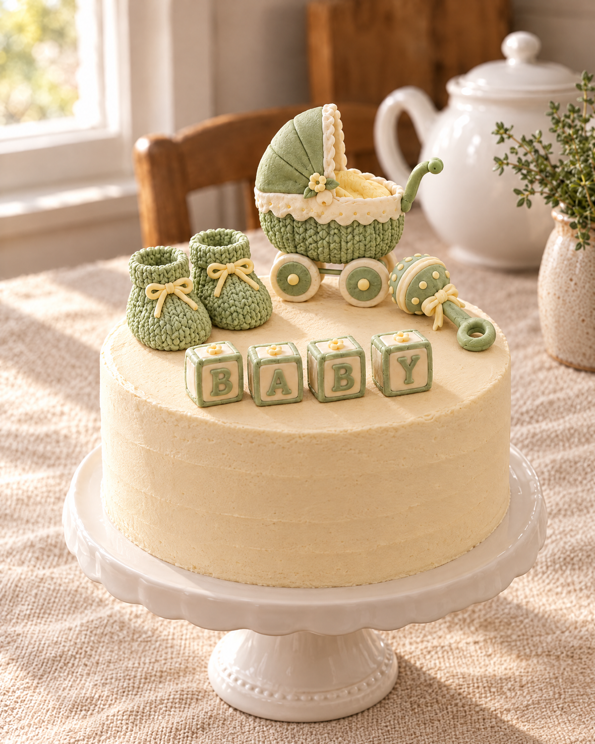 New Baby Cake Topper Set on top of a cream cake