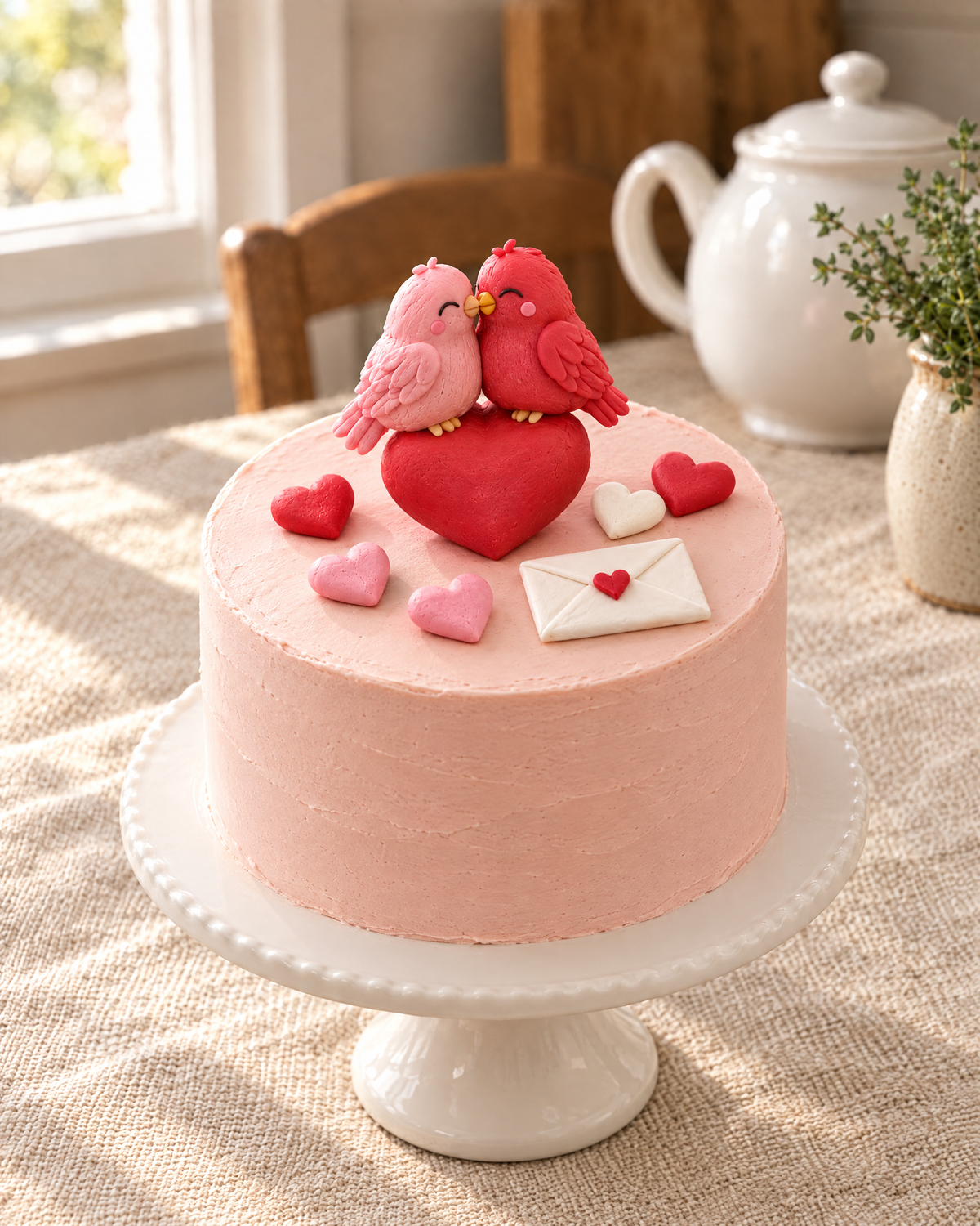 Valentine's Lovebirds Cake Topper Set on top of a pink cake