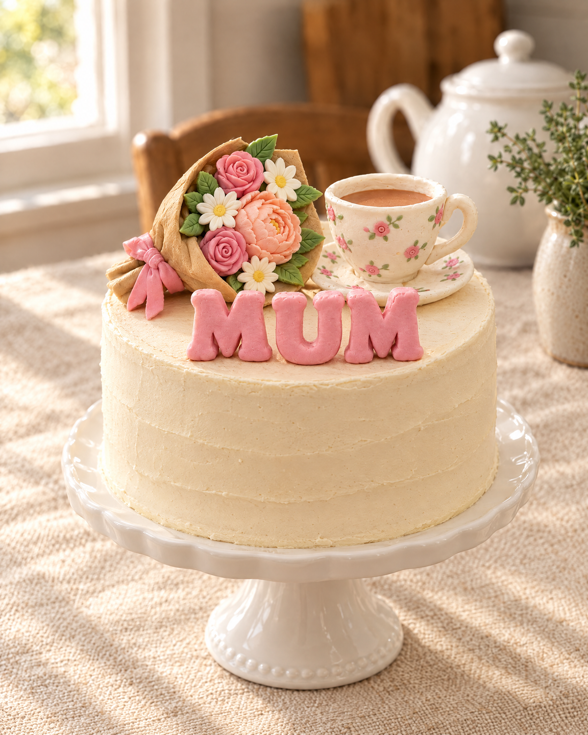 Mother's Day Bouquet and Teacup Cake Topper Set on top of a cream cake