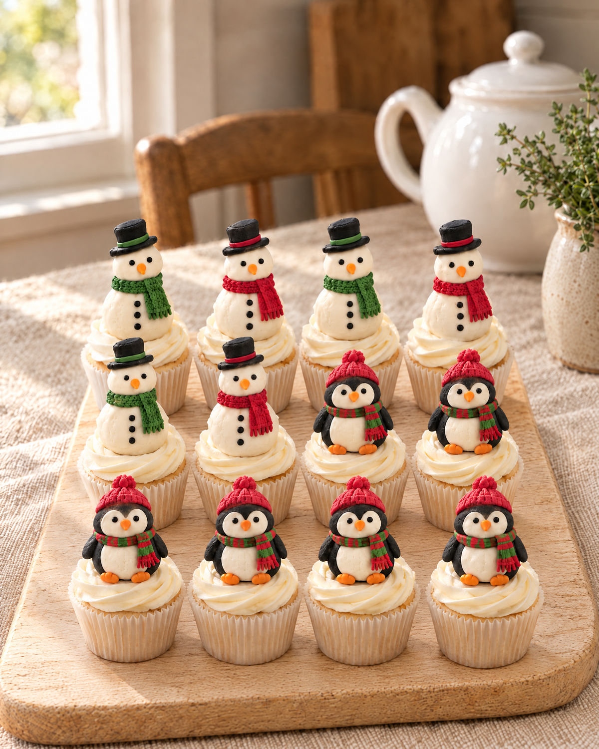 12 Snowman and Penguin Cupcake Toppers on white buttercream cupcakes