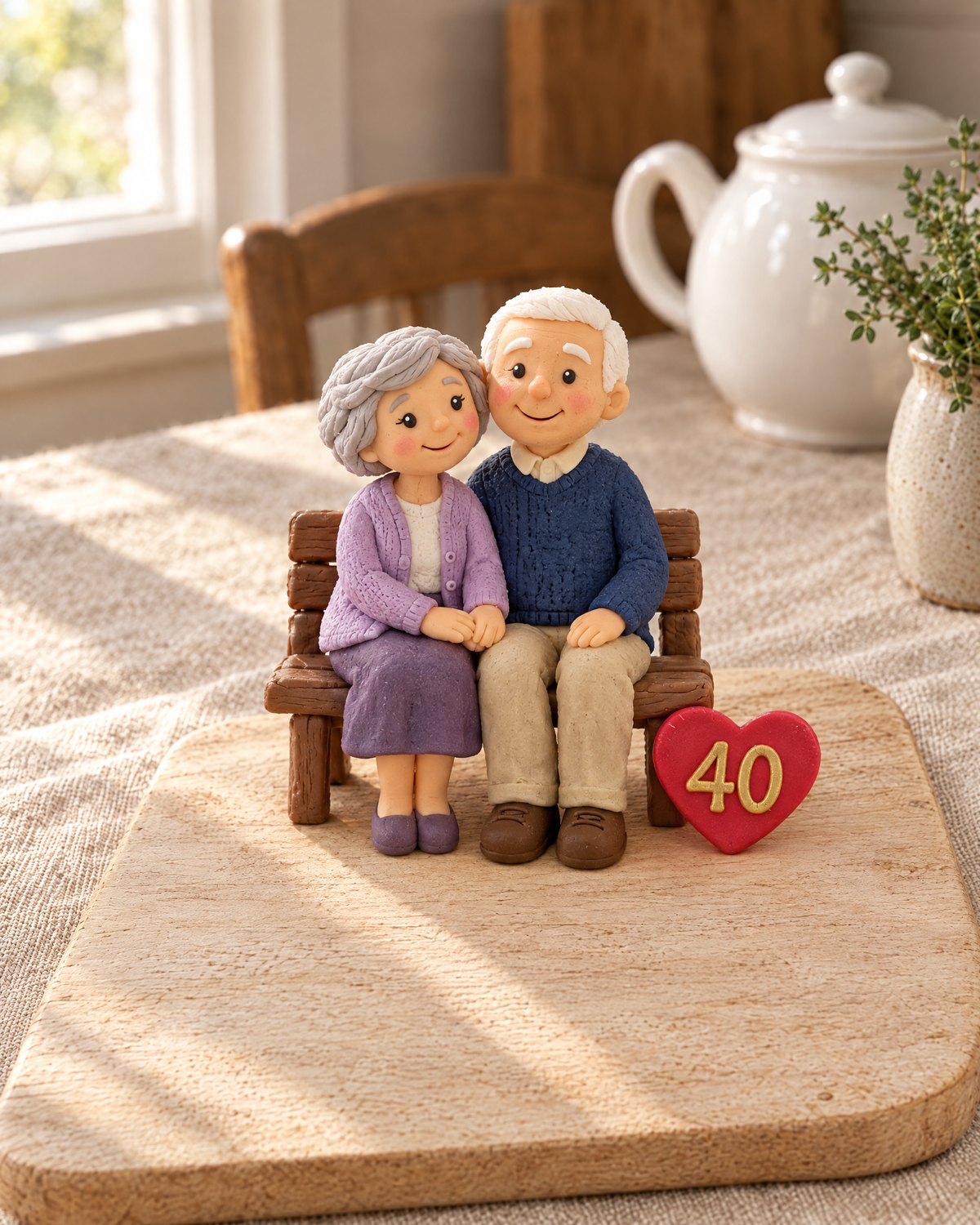 Anniversary Couple on a Bench Personalised Cake Topper laid out on a wooden board