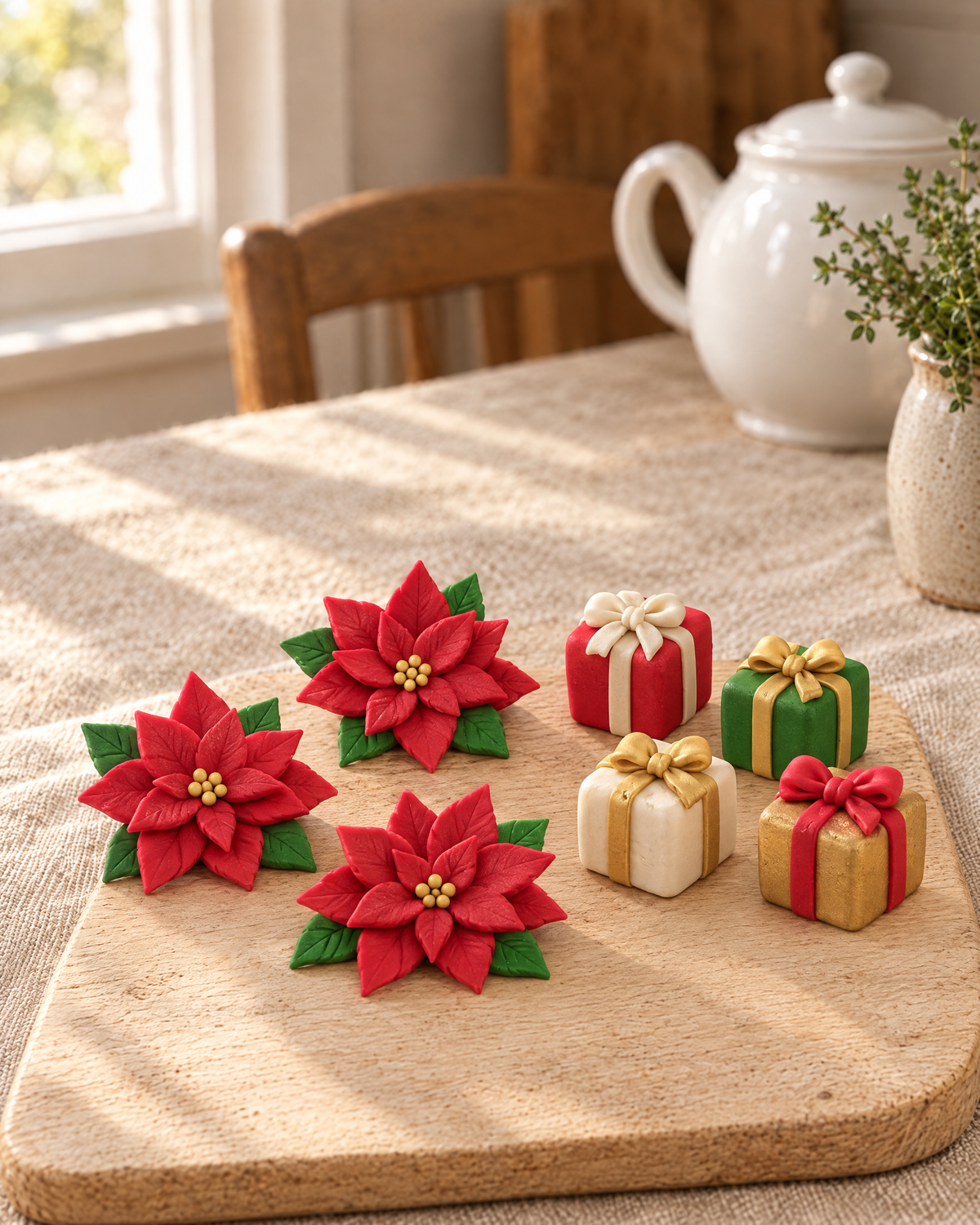 Christmas Presents and Poinsettia Cake Topper Pack laid out on a wooden board