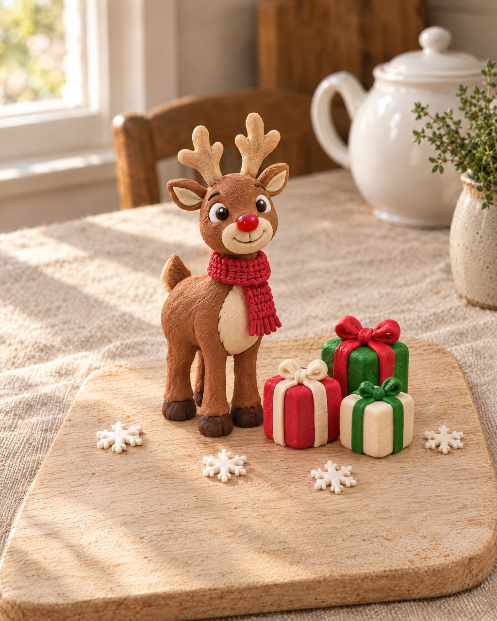 Rudolph and Presents Cake Topper Set laid out on a wooden board
