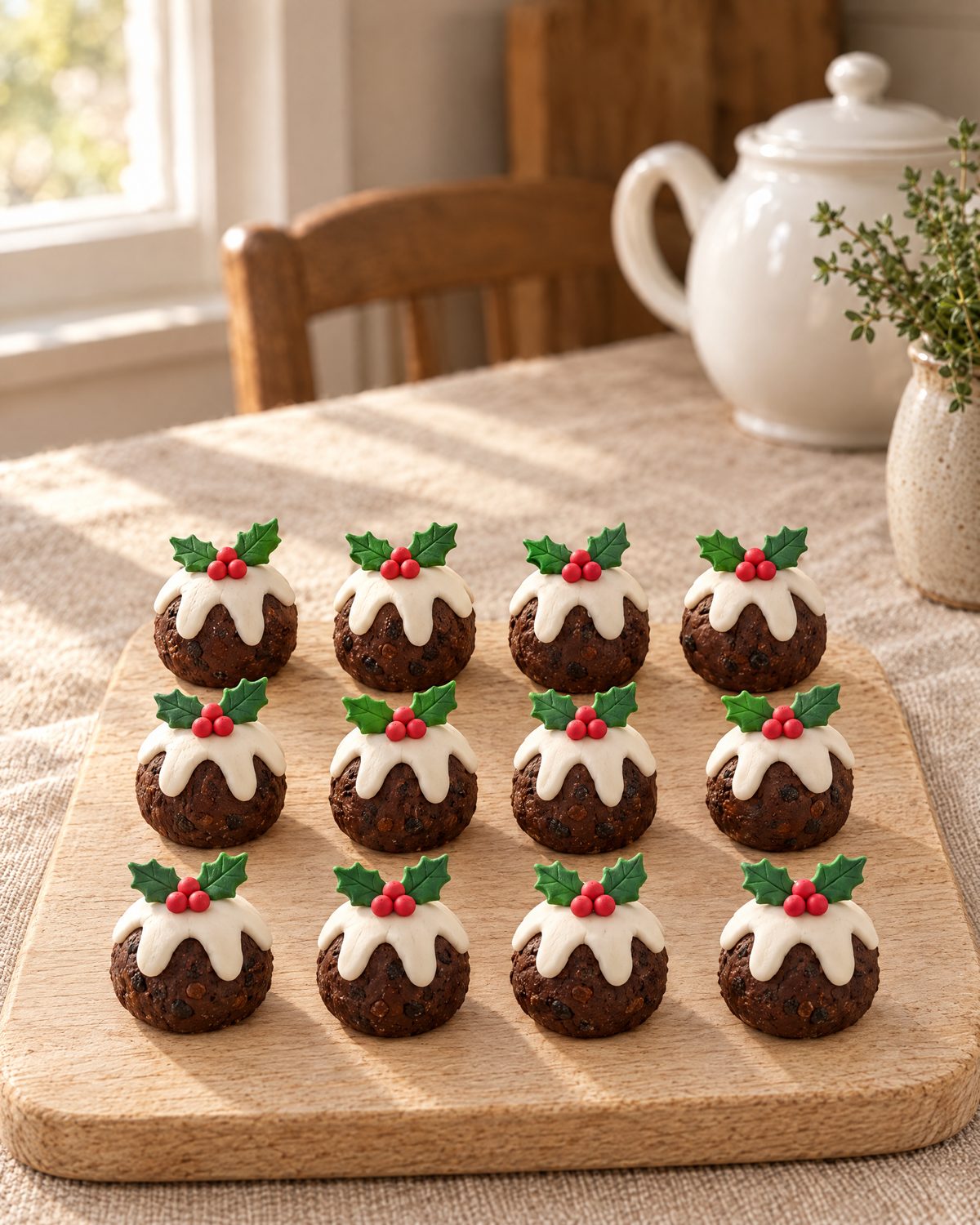 12 Christmas Pudding Cupcake Toppers laid out on a wooden board