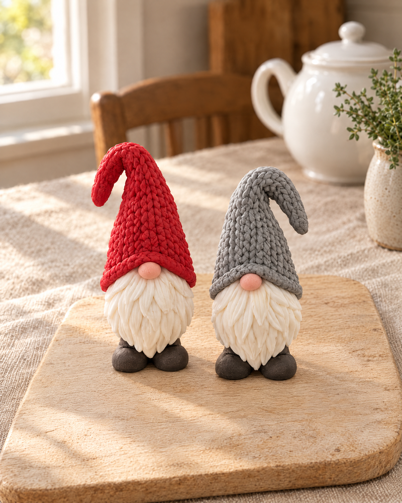 Christmas Gonks Cake Topper Pair laid out on a wooden board