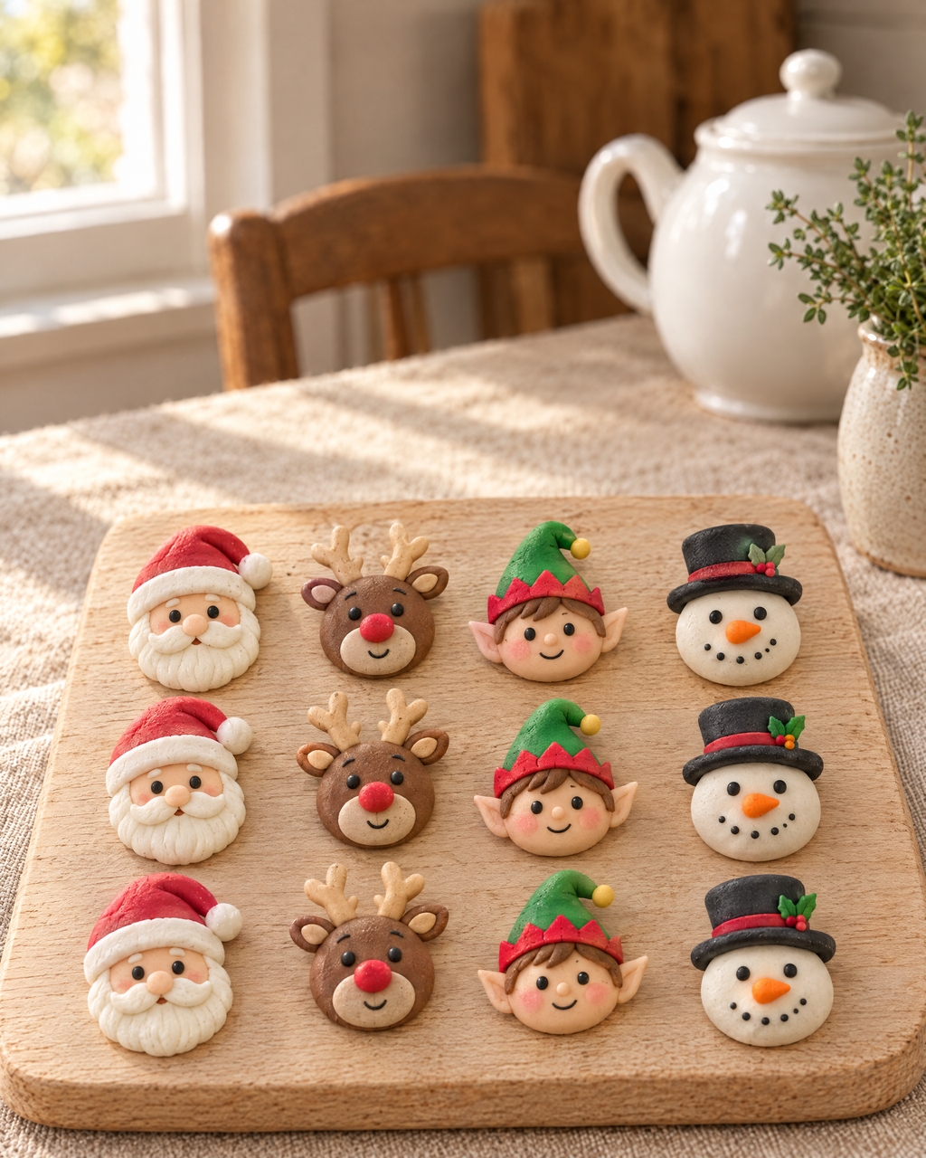 12 Christmas Character Cupcake Toppers laid out on a wooden board