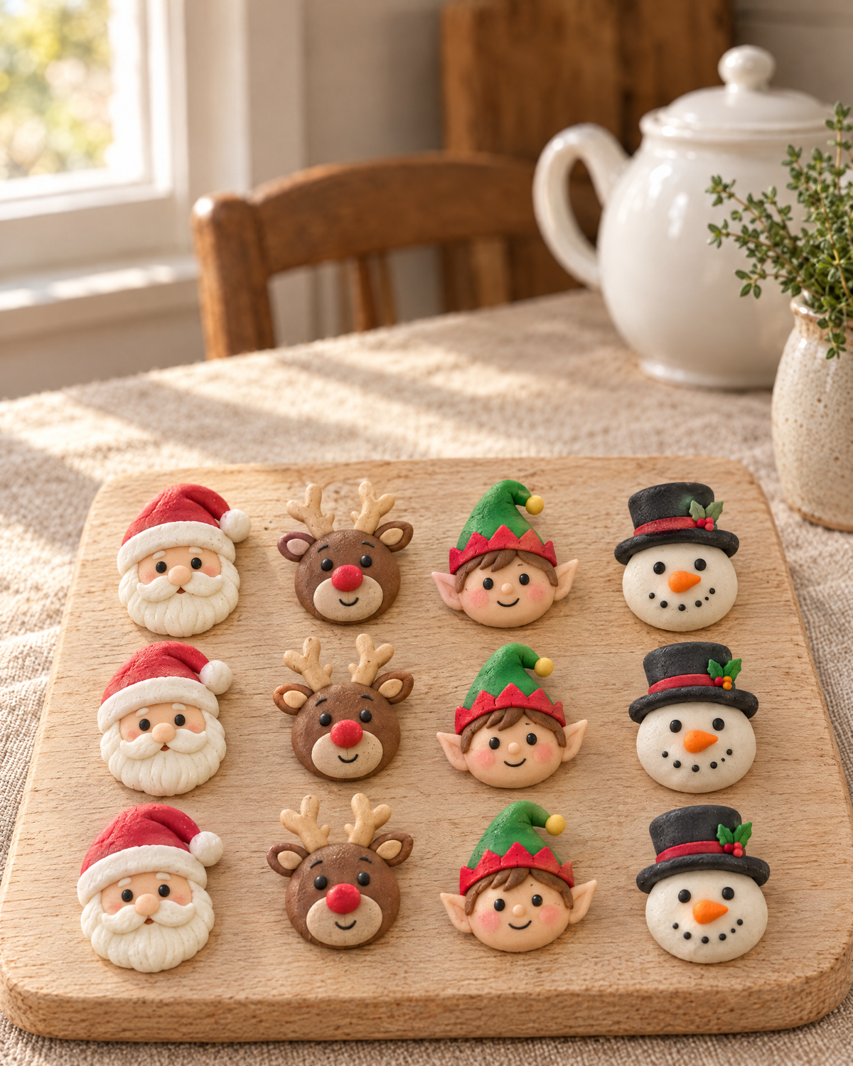 12 Christmas Character Cupcake Toppers laid out on a wooden board